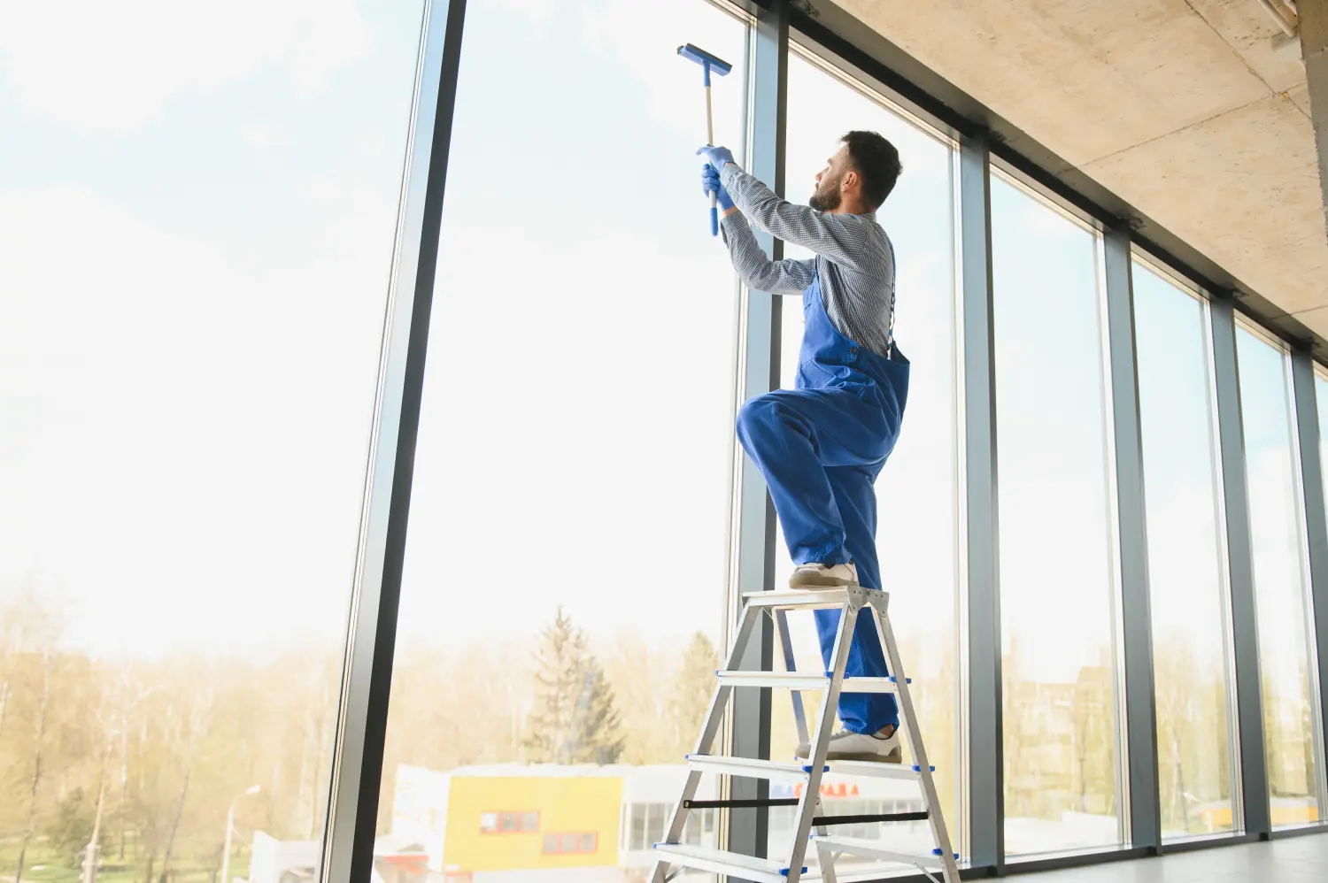 Junger Mann putzt Fenster im Büro