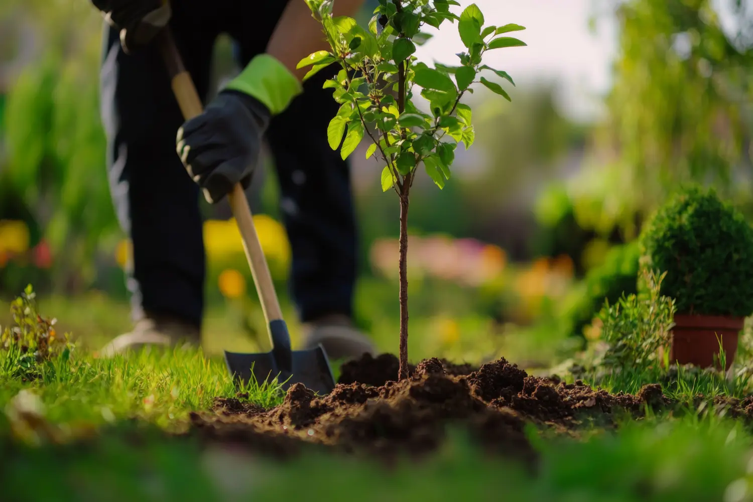 Ein Landschaftsgärtner pflanzt mit einer Schaufel einen jungen Baum in einen farbenfrohen Garten. Die Umgebung ist geprägt von blühenden Blumen und üppigem Grün, was die Schönheit der Natur unterstreicht.